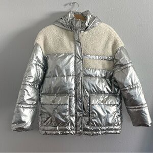 Vigoss Metallic Silver & Cream Shearling Puffer Jacket